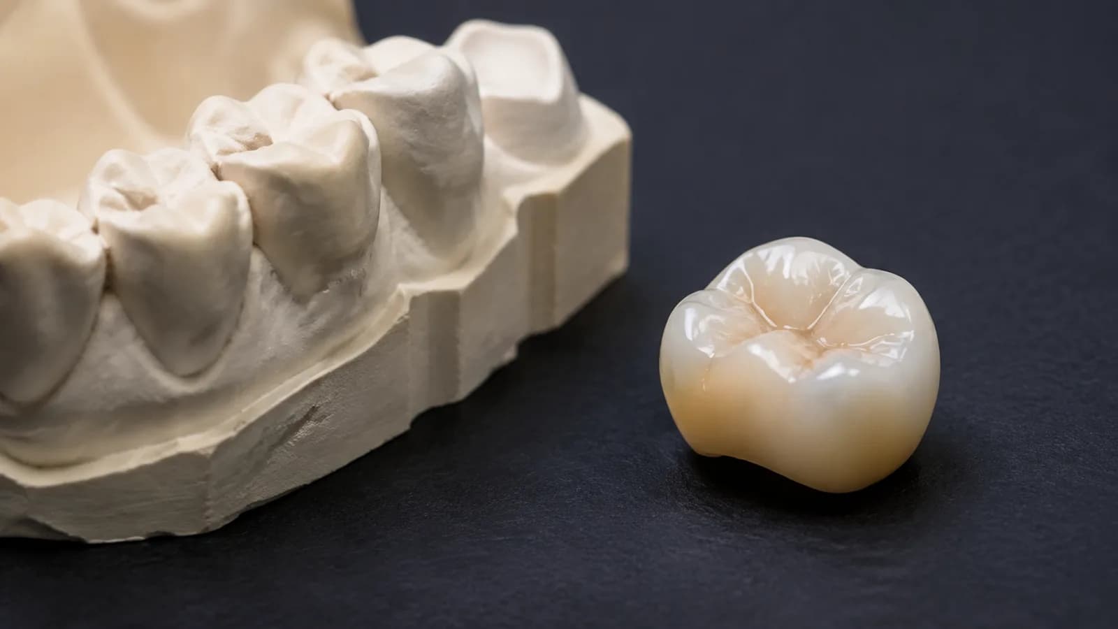 Natural-looking all-ceramic crown beside a dental model