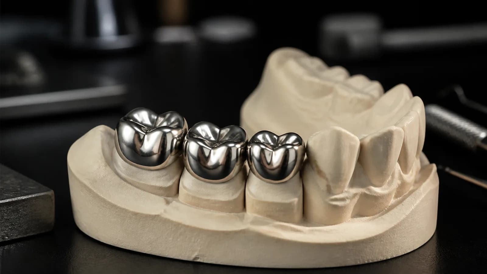 Polished full-cast metal crowns on a dental model