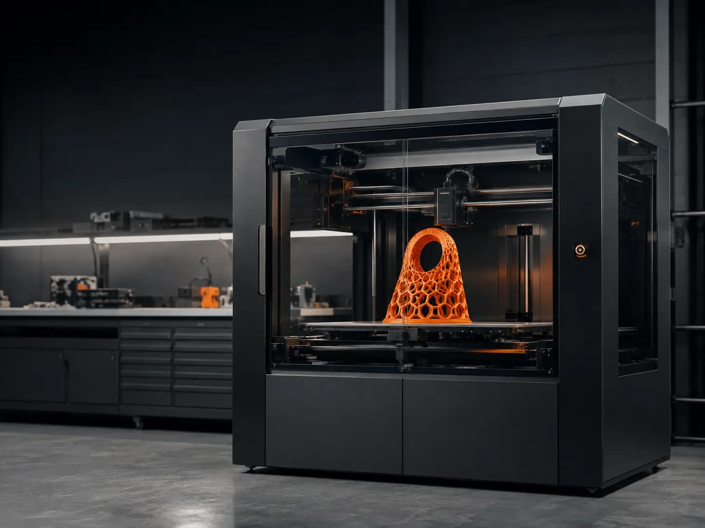 Industrial 3D printer producing an orange lattice component