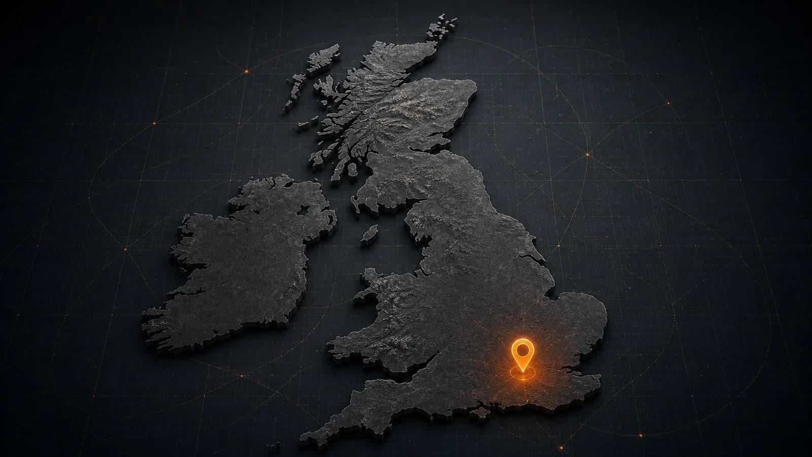 Stylised map of the United Kingdom with a location marker in southern England