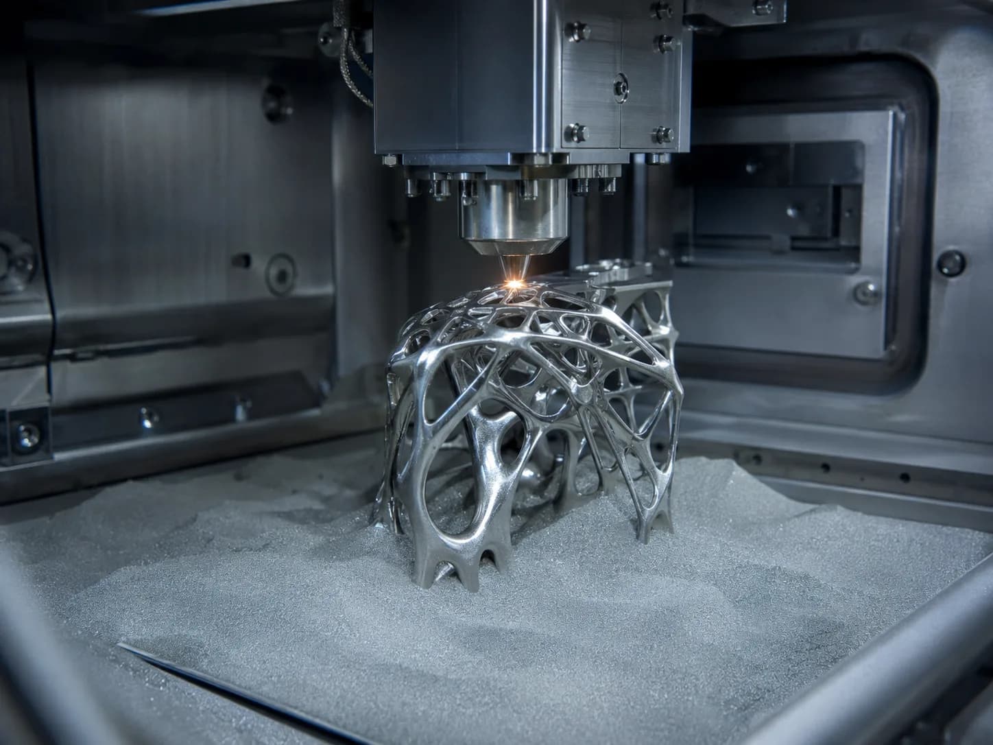Metal lattice component being produced in an SLM chamber
