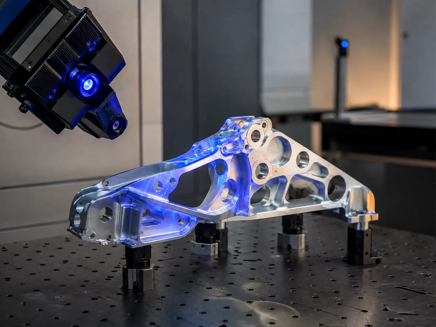 Blue-light inspection of a machined aluminium bracket