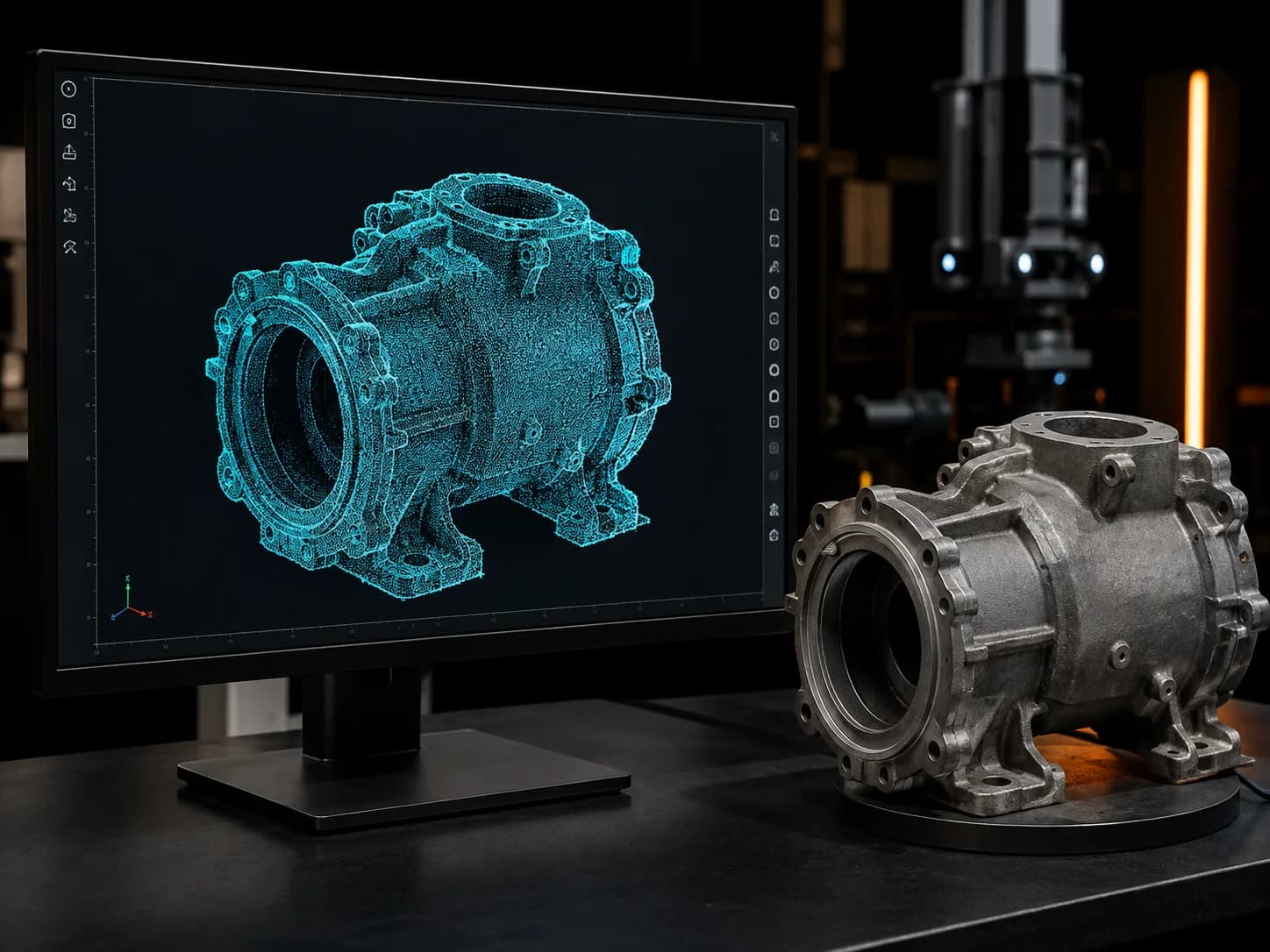 Point cloud model beside the scanned mechanical housing