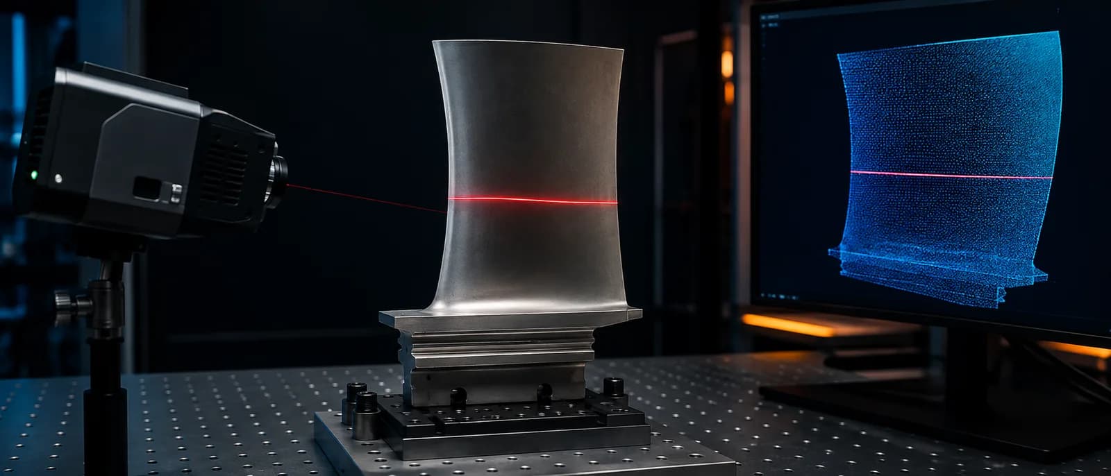 Laser triangulation scanner measuring a turbine blade