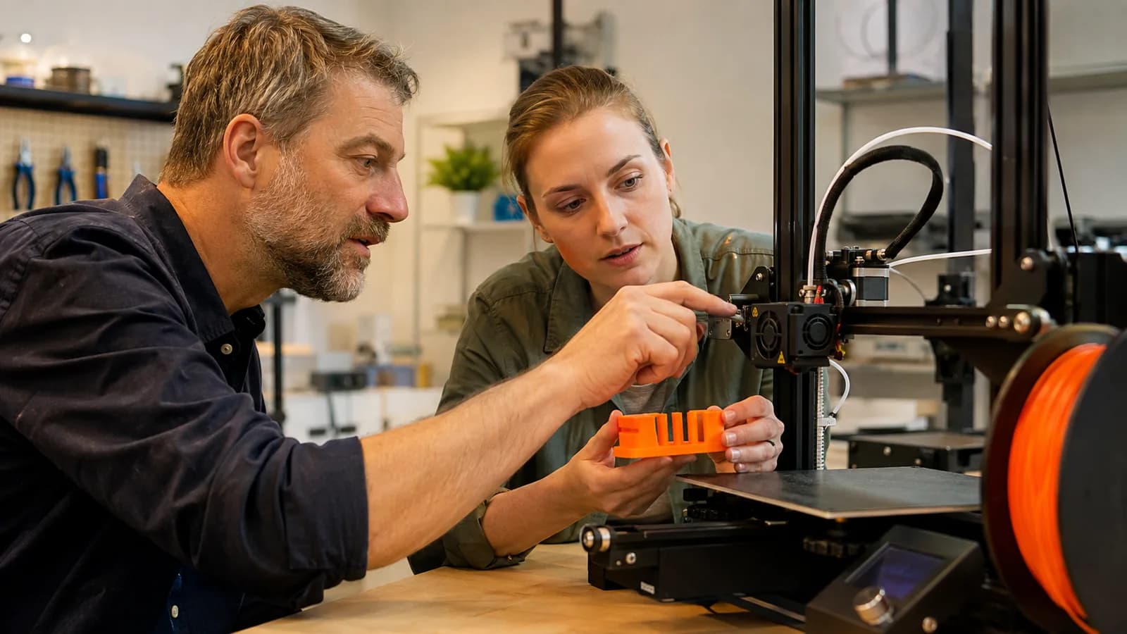Instructor helping a learner calibrate a 3D printer